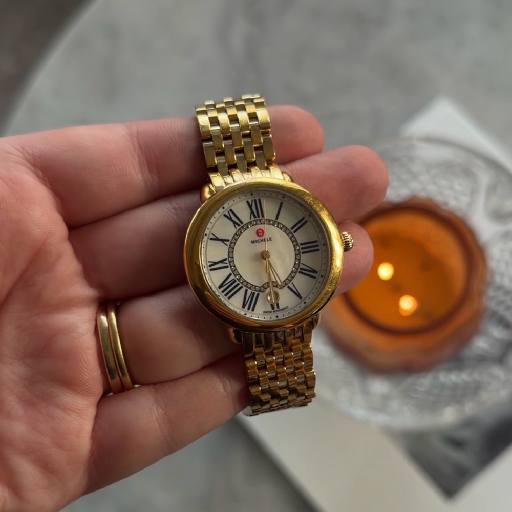 Michele Serein diamond yellow gold mother of pearl watch